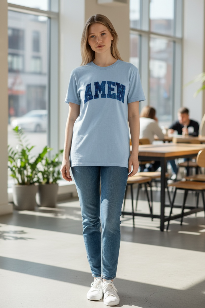 Woman wearing a light blue t-shirt with 'AMEN' printed on it in a modern indoor setting.