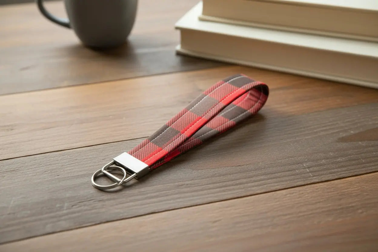Red and brown plaid key fob on a light gray background