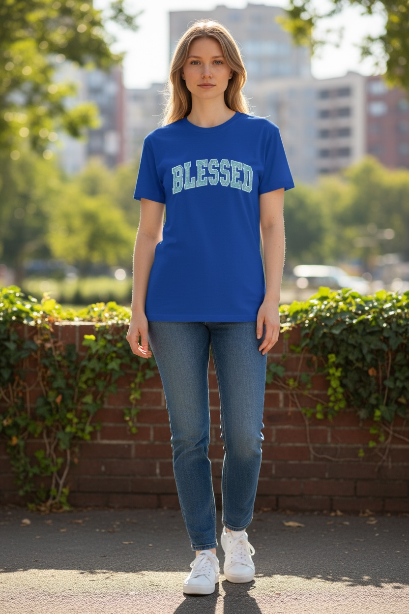 Person wearing a blue 'BLESSED' t-shirt standing outdoors with greenery and buildings in the background.