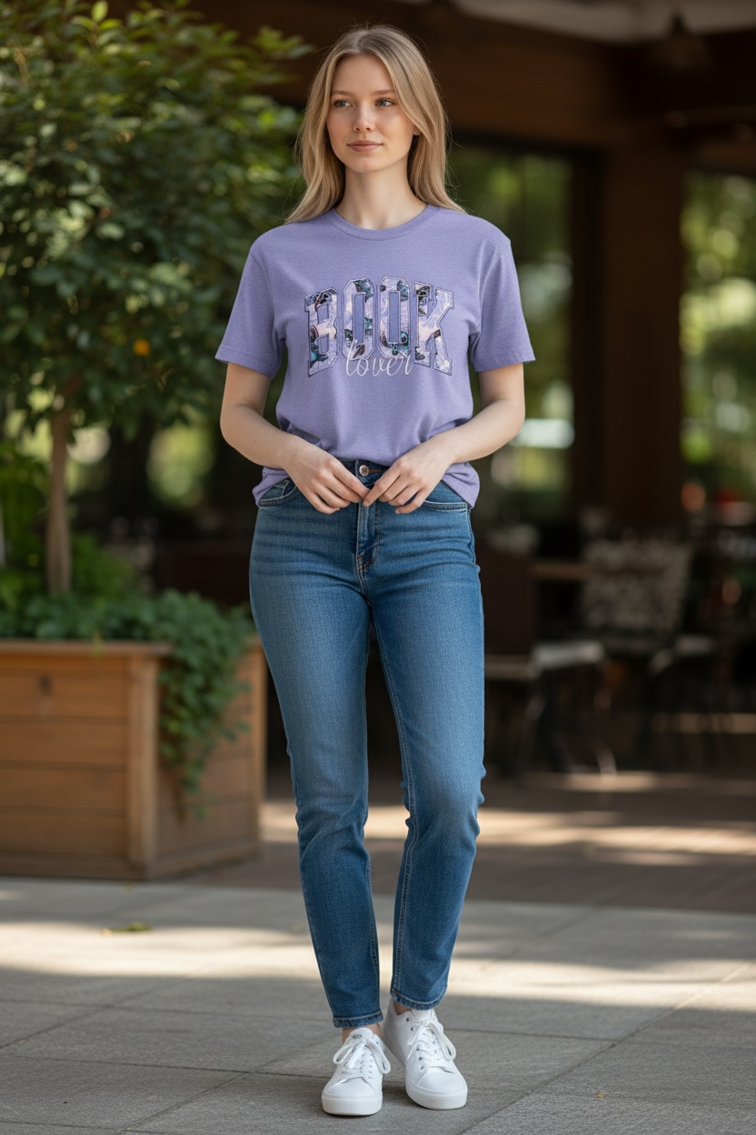  A woman standing outdoors on a patio wearing a lavender crew-neck t-shirt. The shirt features the words "BOOK lover" where the word "BOOK" is filled with a black and white floral pattern. She is paired with slim-fit blue jeans and white sneakers.