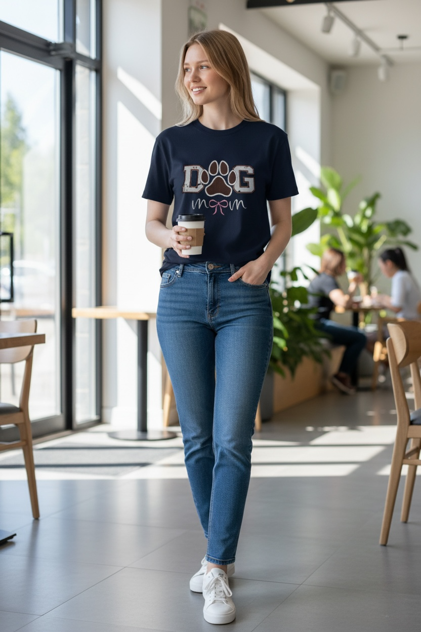 Woman in a casual setting wearing a navy t-shirt with a graphic design and blue jeans.