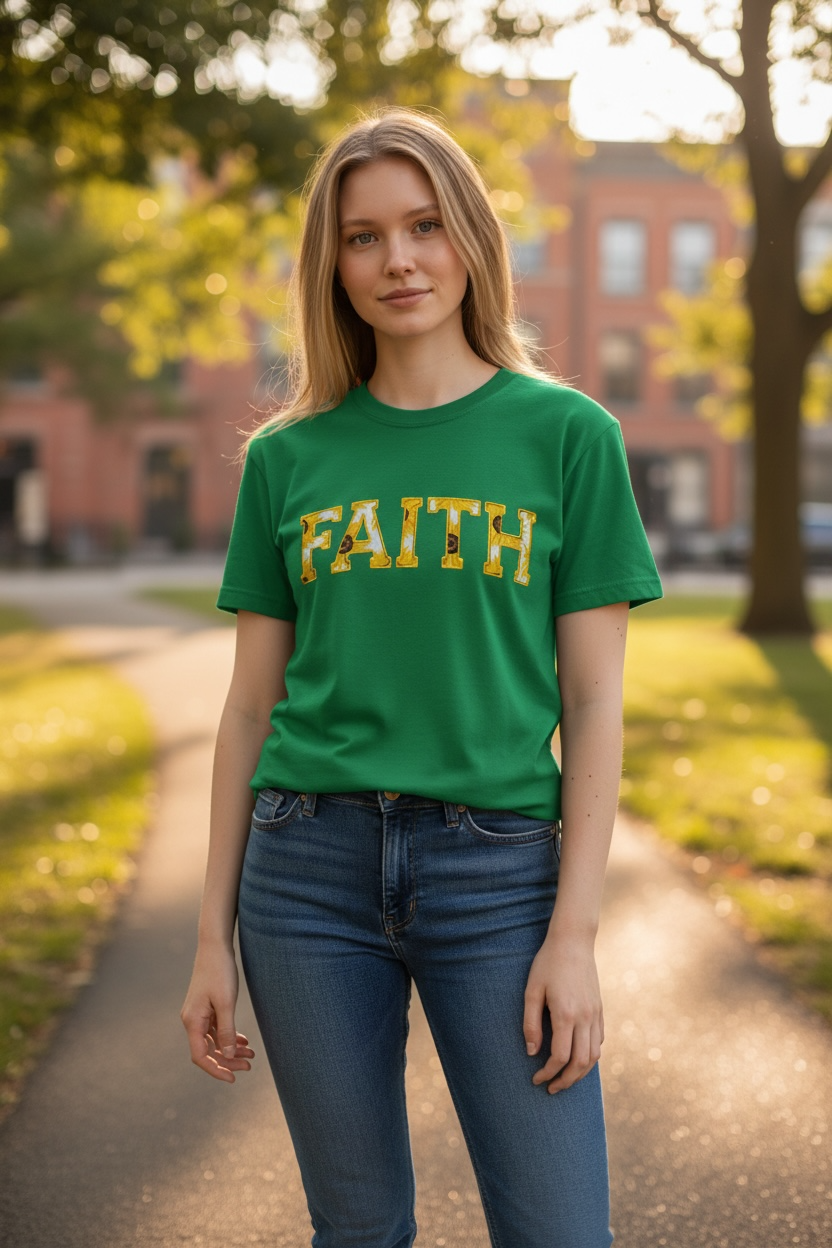 Person wearing a green t-shirt with 'FAITH' printed on it, standing outdoors.