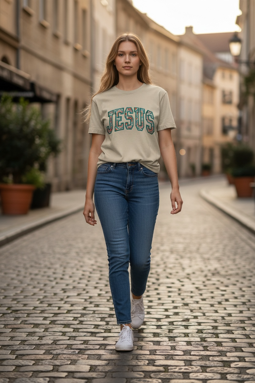 Woman walking down a cobblestone street wearing a 'Jesus' t-shirt.
