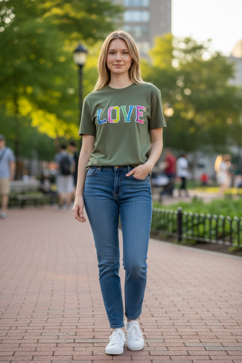Woman wearing a green 'LOVE' t-shirt in an outdoor setting
