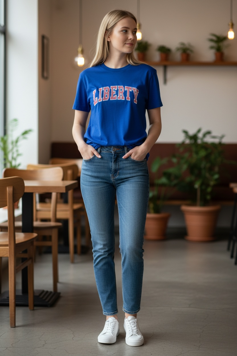 Woman wearing a blue 'Liberty' t-shirt in a casual setting with plants and wooden furniture.