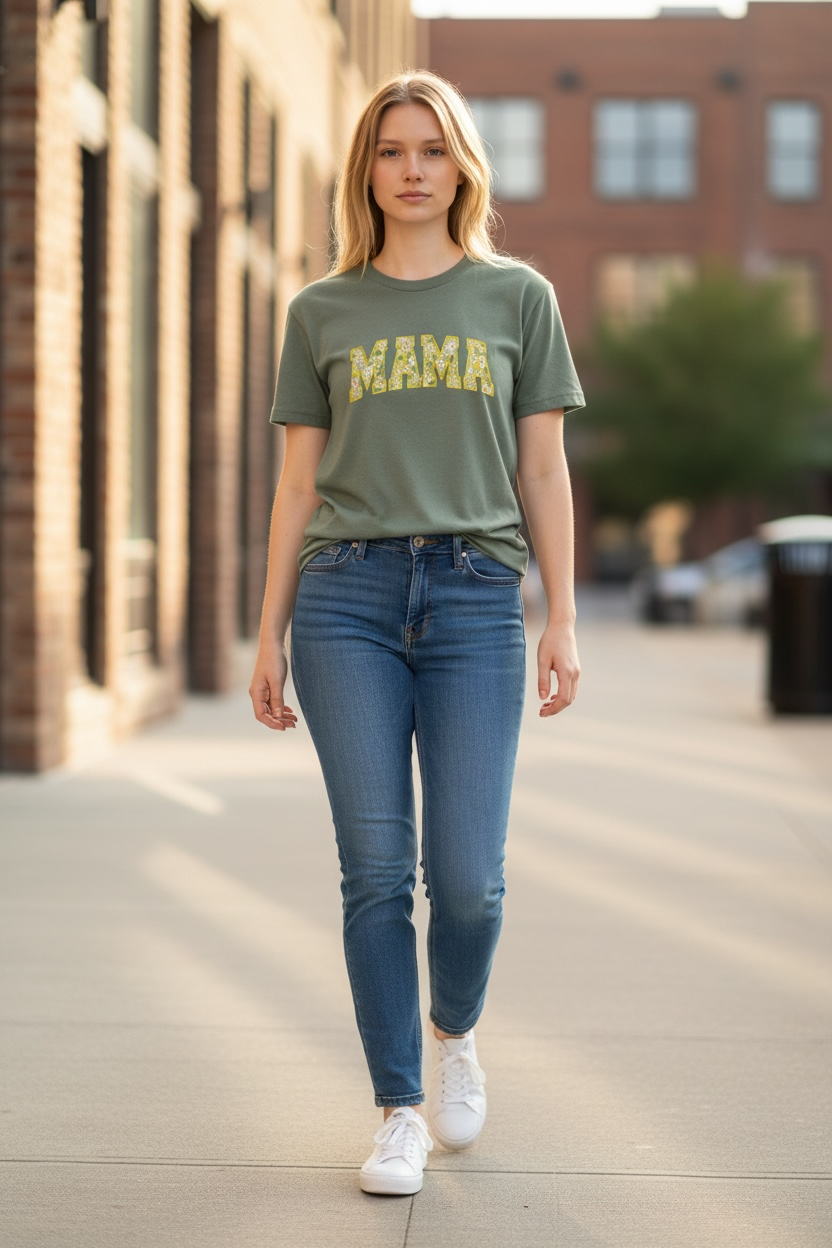 Woman wearing a green t-shirt with 'MAMA' printed on it, standing on a sidewalk.