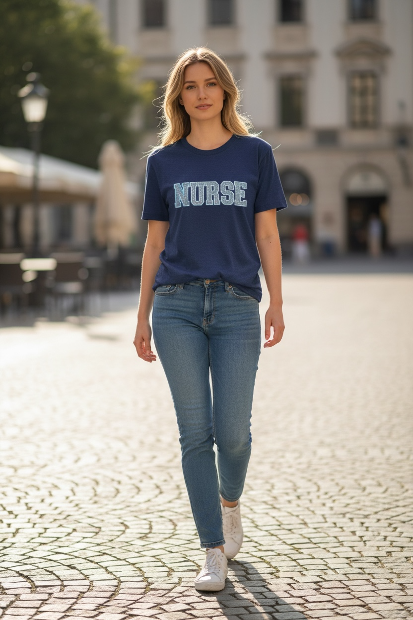 Woman wearing a navy blue 'NURSE' t-shirt and blue jeans walking on a cobblestone street.