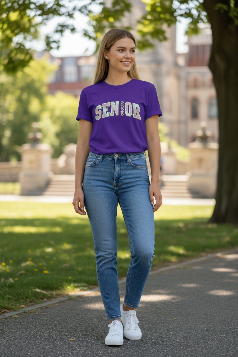 Person wearing a purple 'SENIOR' t-shirt in an outdoor setting with trees and buildings.