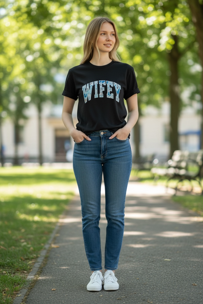 Woman wearing a black t-shirt with 'WIFEY' printed on it, standing outdoors.
