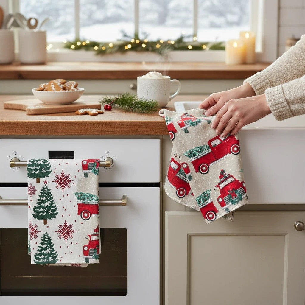 Crafts by Serenity reusable holiday paper towels with red truck and Christmas tree patterns in a festive kitchen.