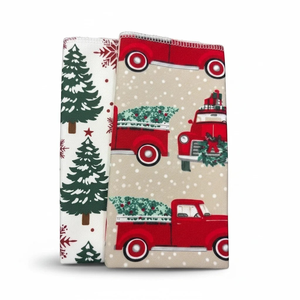 Crafts by Serenity reusable paper towels with festive red truck and Christmas tree holiday patterns.